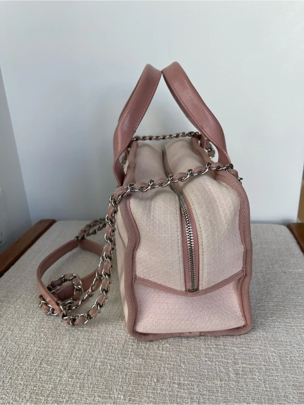 CHANEL Small Deauville Pink Canvas and Leather Top-Handle Bowling Shoulder Bag